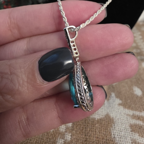 Blue And Clear Stone Drop Necklace On 24 Inch 925 Italy Chain - Picture 11 of 16